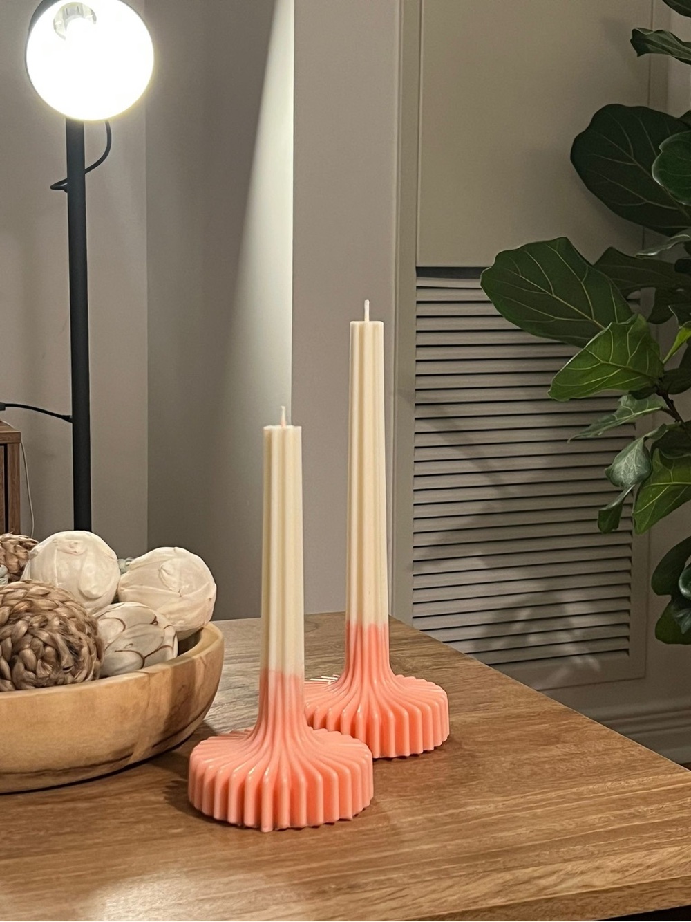 Set of 2 Pink Ombre Ribbed Base Taper Candles